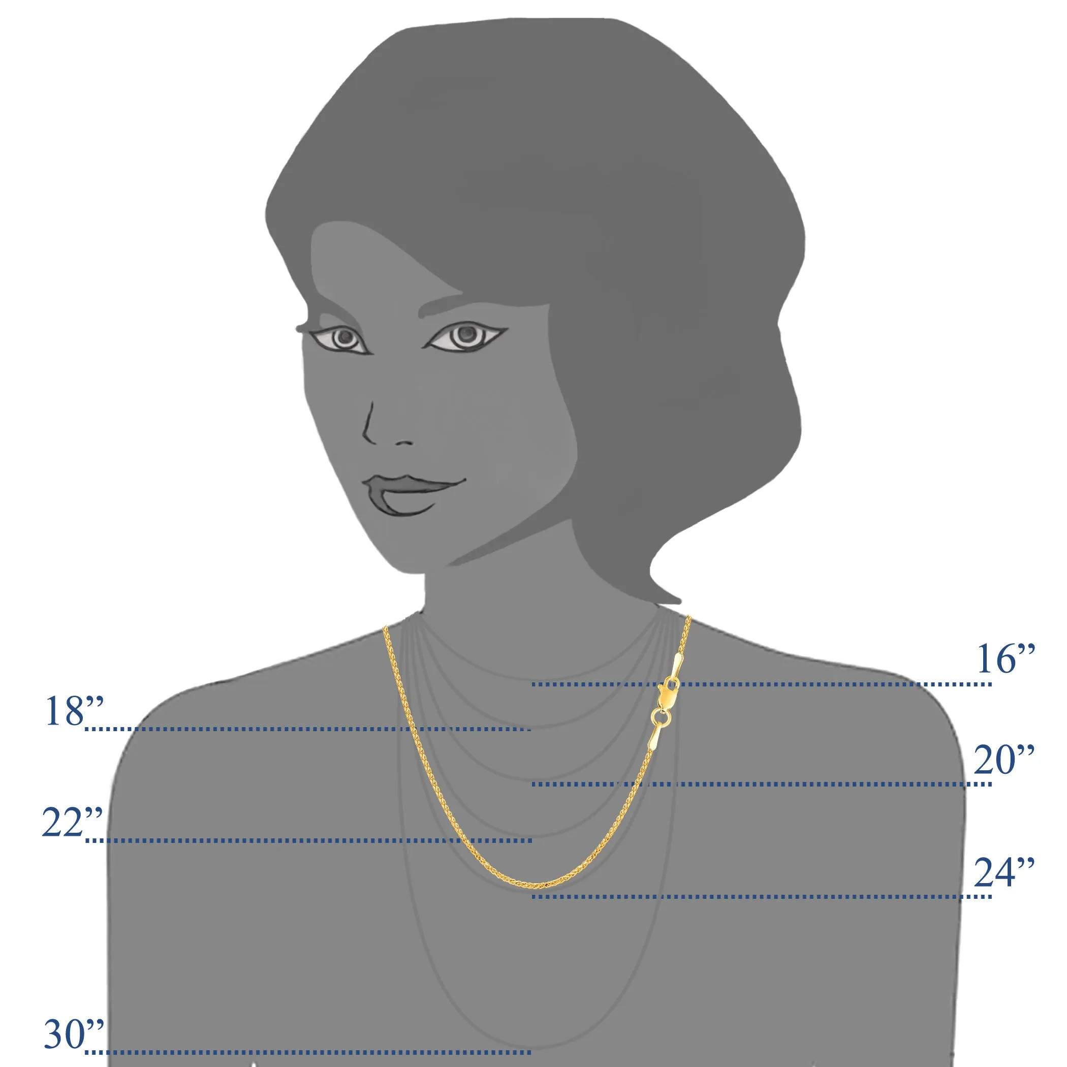 14k Yellow Gold Round Diamond Cut Wheat Chain Necklace, 1.15mm
