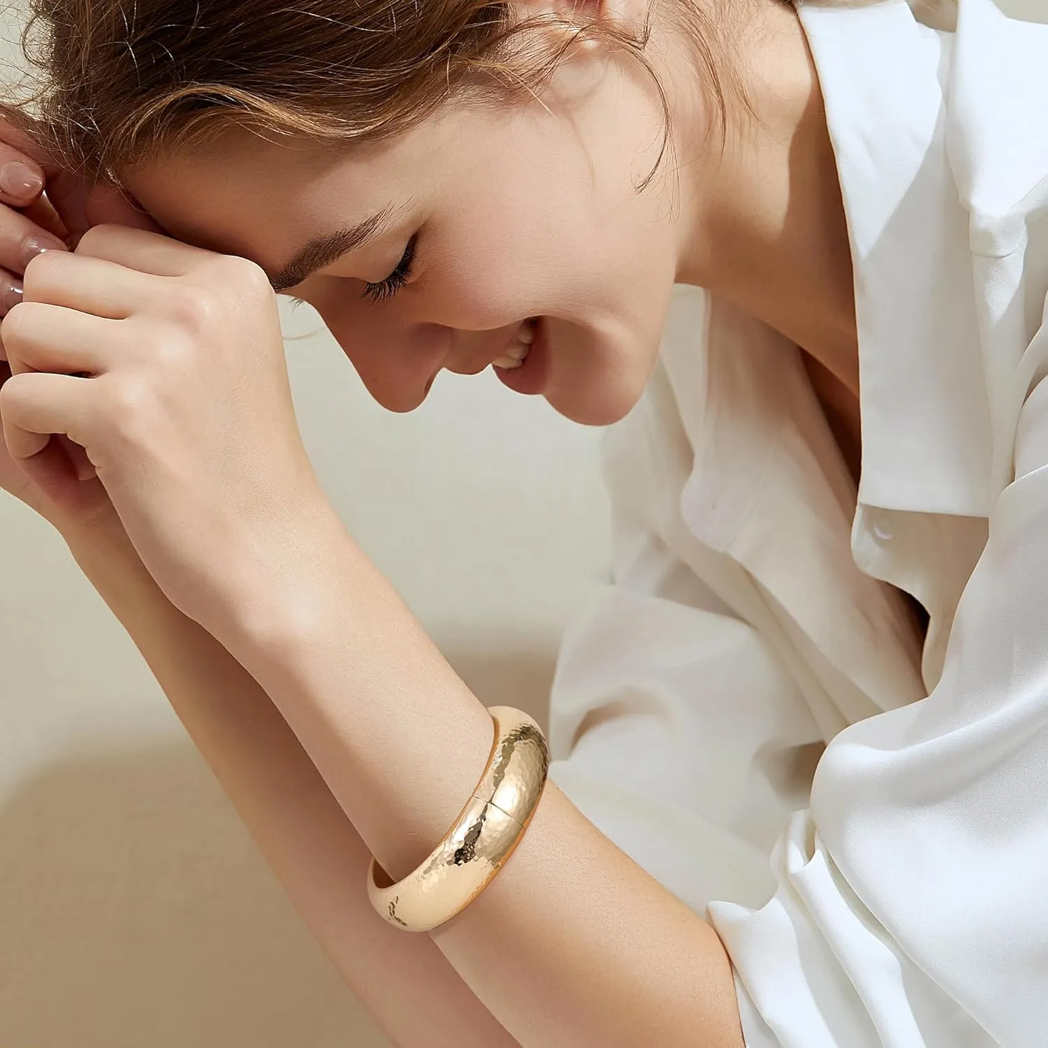 18K Gold Plated Chunky Bangle Bracelets for Women Gold Wide Cuff Bangle Bracelet Hammered Minimalist Thick Gold Wrist Wrap Bracelets