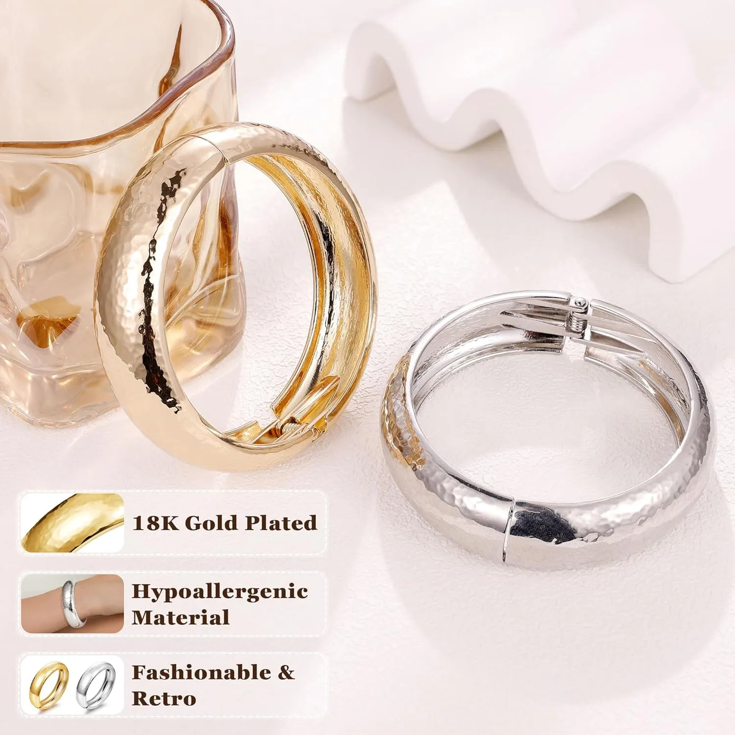 18K Gold Plated Chunky Bangle Bracelets for Women Gold Wide Cuff Bangle Bracelet Hammered Minimalist Thick Gold Wrist Wrap Bracelets