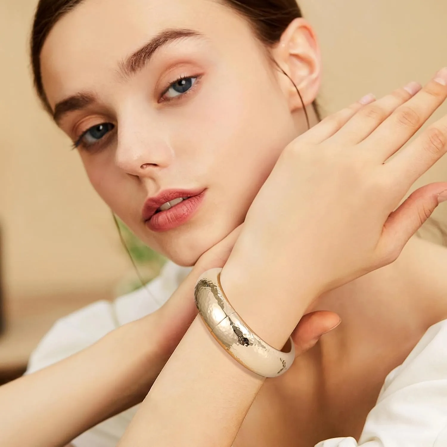 18K Gold Plated Chunky Bangle Bracelets for Women Gold Wide Cuff Bangle Bracelet Hammered Minimalist Thick Gold Wrist Wrap Bracelets