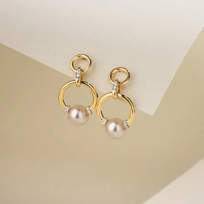 Akoya Saltwater Pearl 18K Gold Diamond Knot Round Hoop Earrings