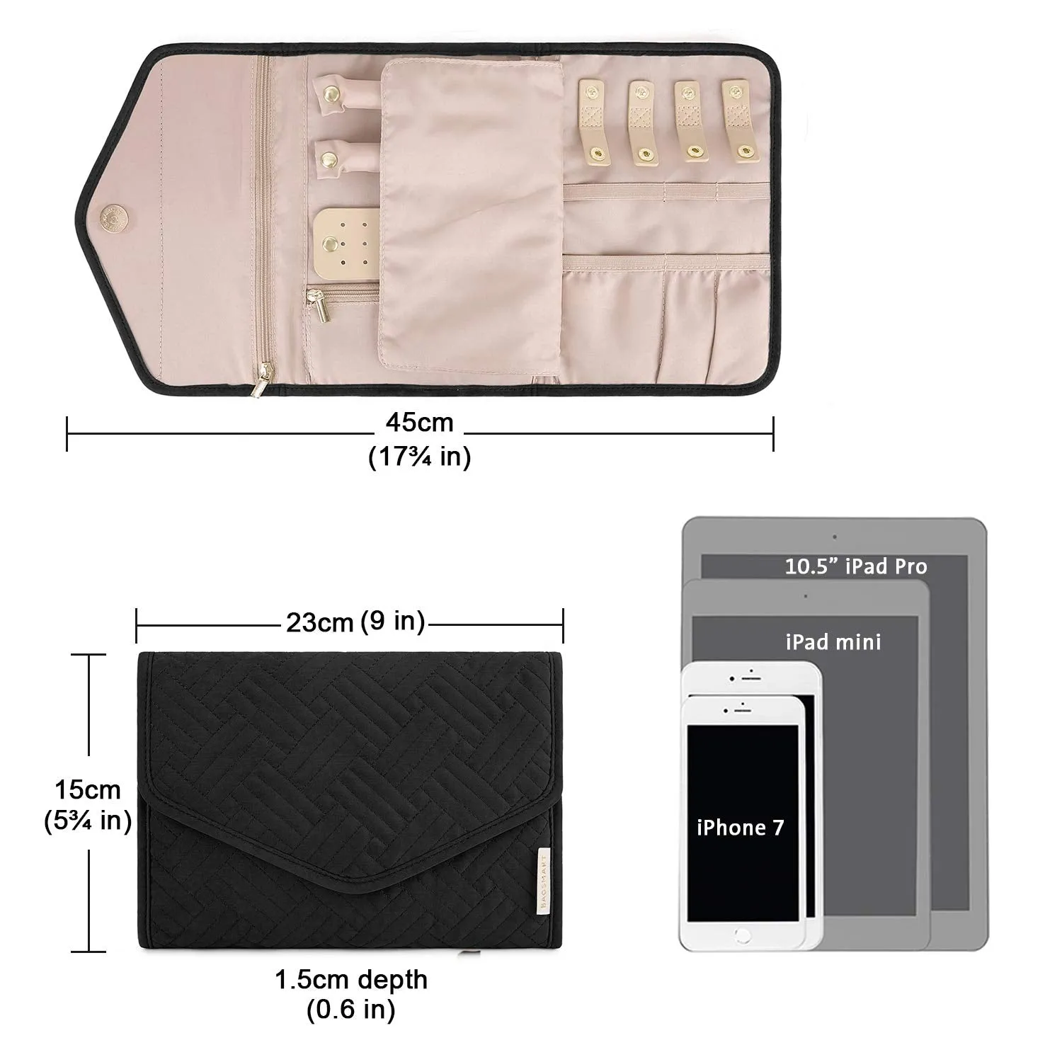 BAGSMART Travel Jewelry Organizer Roll Foldable Jewelry Case for Journey-Rings, Necklaces, Bracelets, Earrings, Black Small