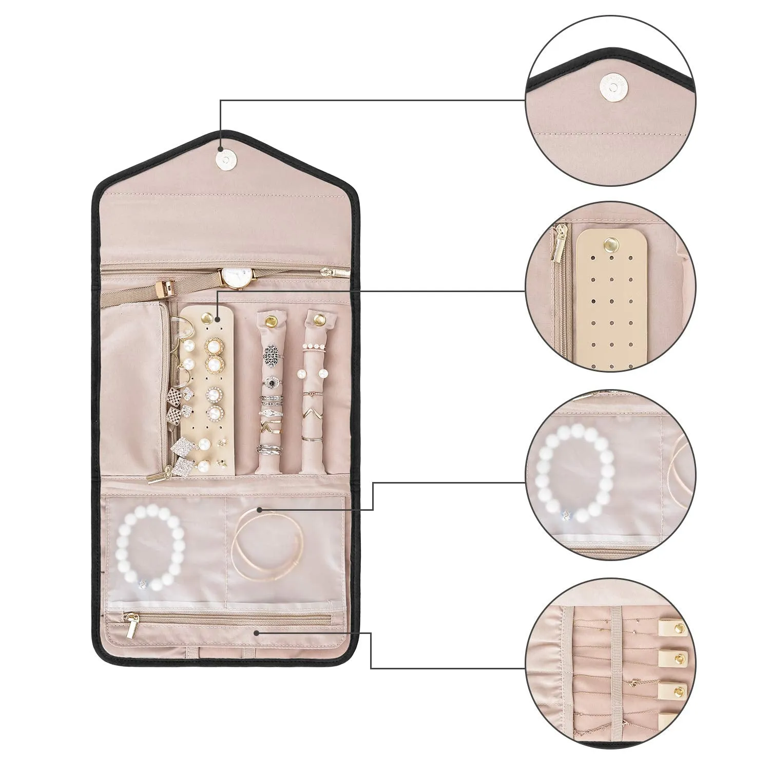 BAGSMART Travel Jewelry Organizer Roll Foldable Jewelry Case for Journey-Rings, Necklaces, Bracelets, Earrings, Black Small