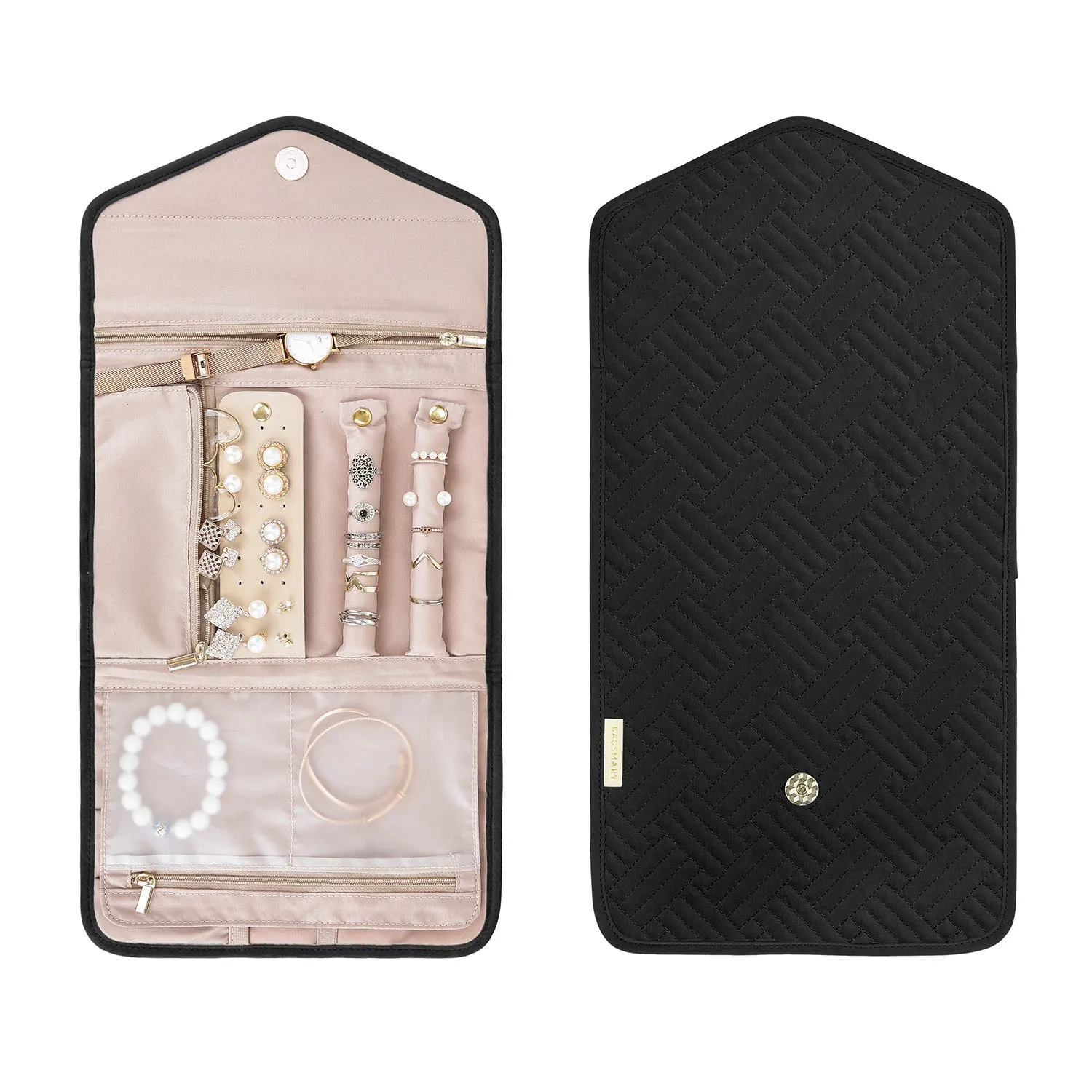 BAGSMART Travel Jewelry Organizer Roll Foldable Jewelry Case for Journey-Rings, Necklaces, Bracelets, Earrings, Black Small