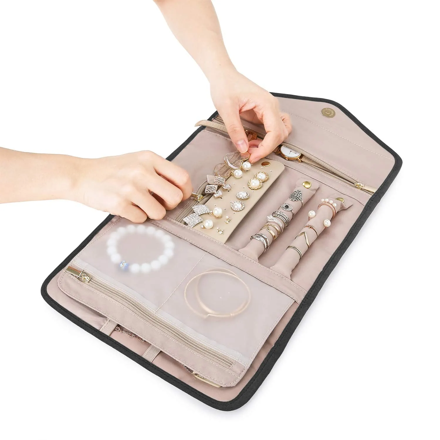 BAGSMART Travel Jewelry Organizer Roll Foldable Jewelry Case for Journey-Rings, Necklaces, Bracelets, Earrings, Black Small
