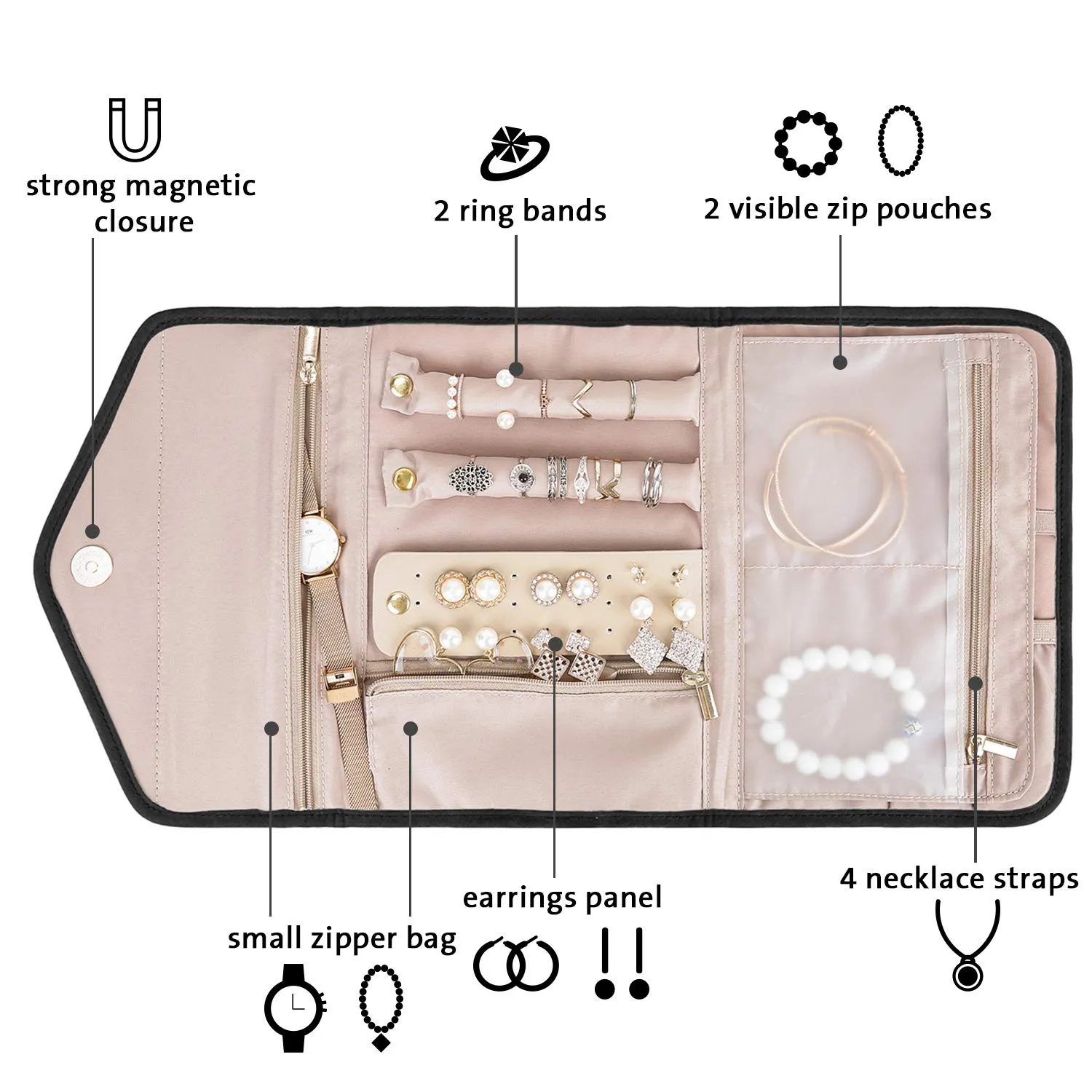 BAGSMART Travel Jewelry Organizer Roll Foldable Jewelry Case for Journey-Rings, Necklaces, Bracelets, Earrings, Black Small