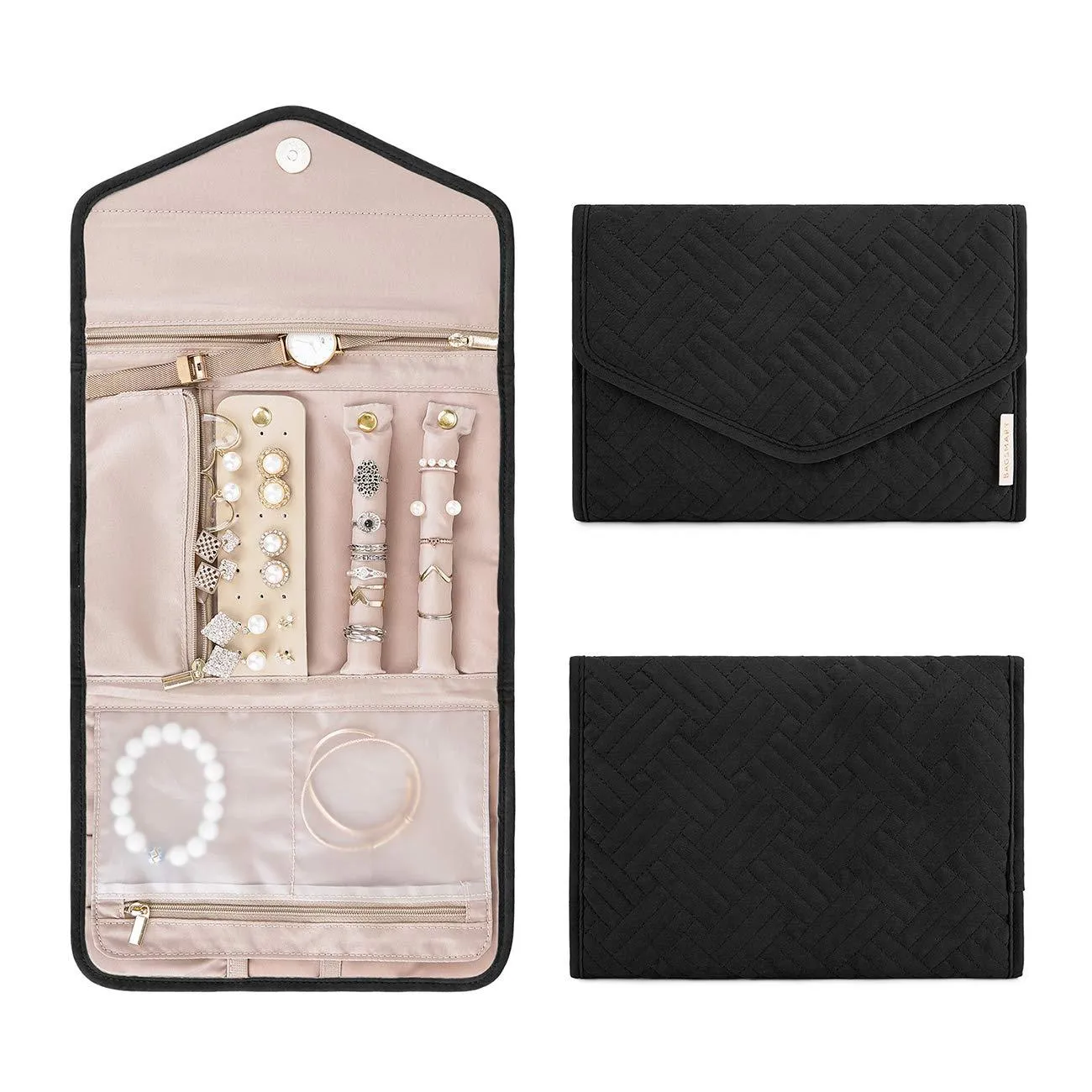 BAGSMART Travel Jewelry Organizer Roll Foldable Jewelry Case for Journey-Rings, Necklaces, Bracelets, Earrings, Black Small