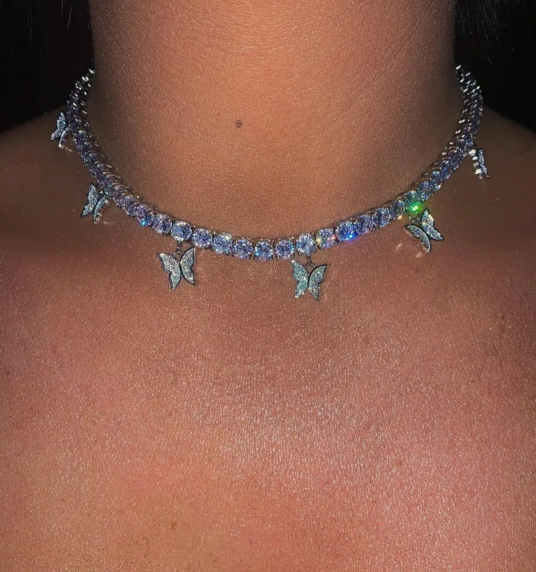Butterfly Pendant Shiny Crystal Necklace Choker