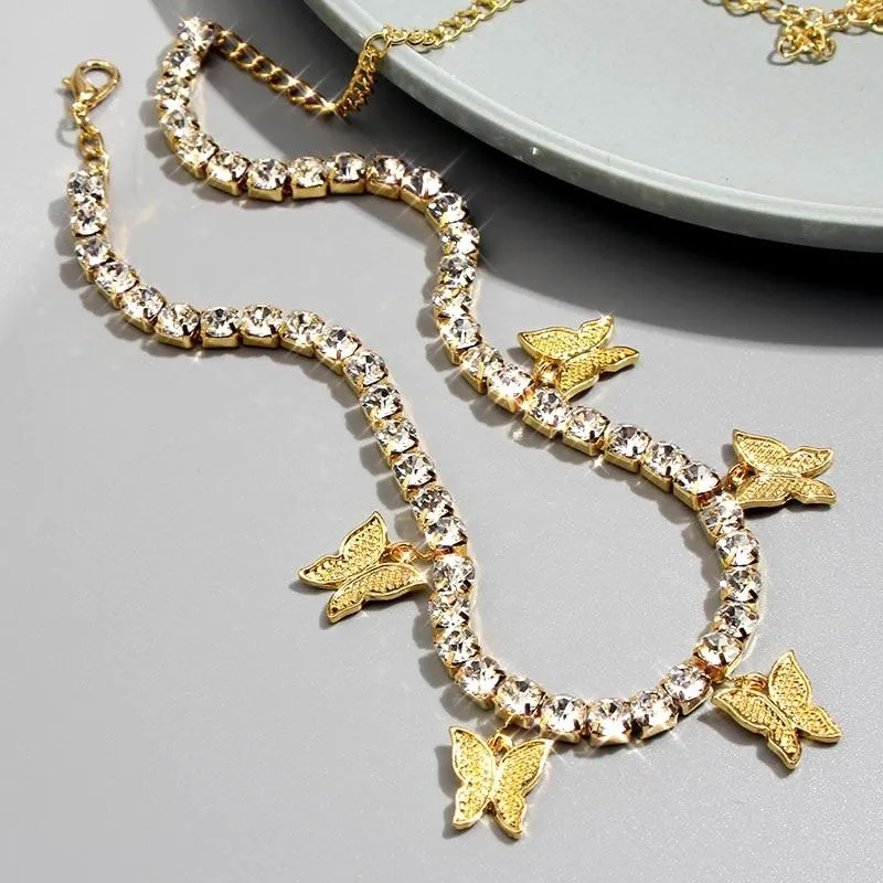 Butterfly Pendant Shiny Crystal Necklace Choker