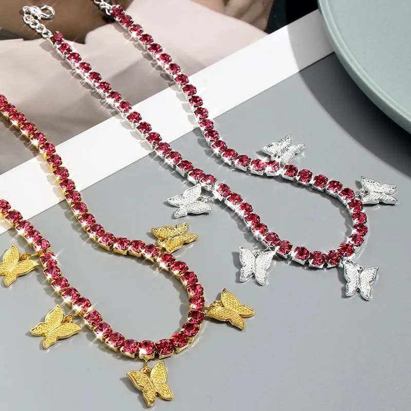 Butterfly Pendant Shiny Crystal Necklace Choker