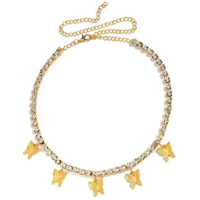 Butterfly Pendant Shiny Crystal Necklace Choker