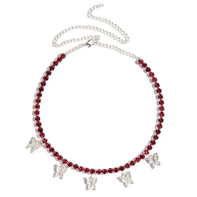Butterfly Pendant Shiny Crystal Necklace Choker