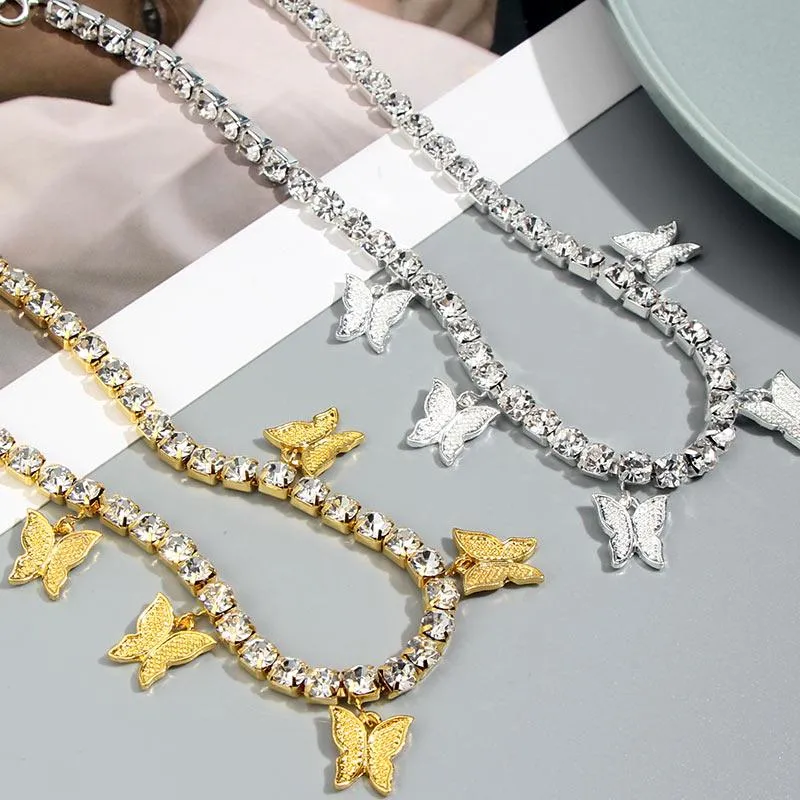 Butterfly Pendant Shiny Crystal Necklace Choker