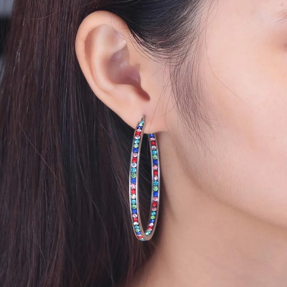 CiNily Mult-colors Crystal Stainless Steel Hoop Earring for Women Hypoallergenic Jewelry for Sensitive Ears Large Big Hoop Earrings 2"