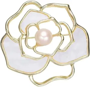 Dainty Camellia Flower Lapel Brooch Pin for Women Girls Simulated Freshwater Pearl Floral 14k Golden Plated Pins Shawl Sweater Scarves Dress Backpacks Bouquet Corsage Brooches Pins Exquisite Jewelry Gifts