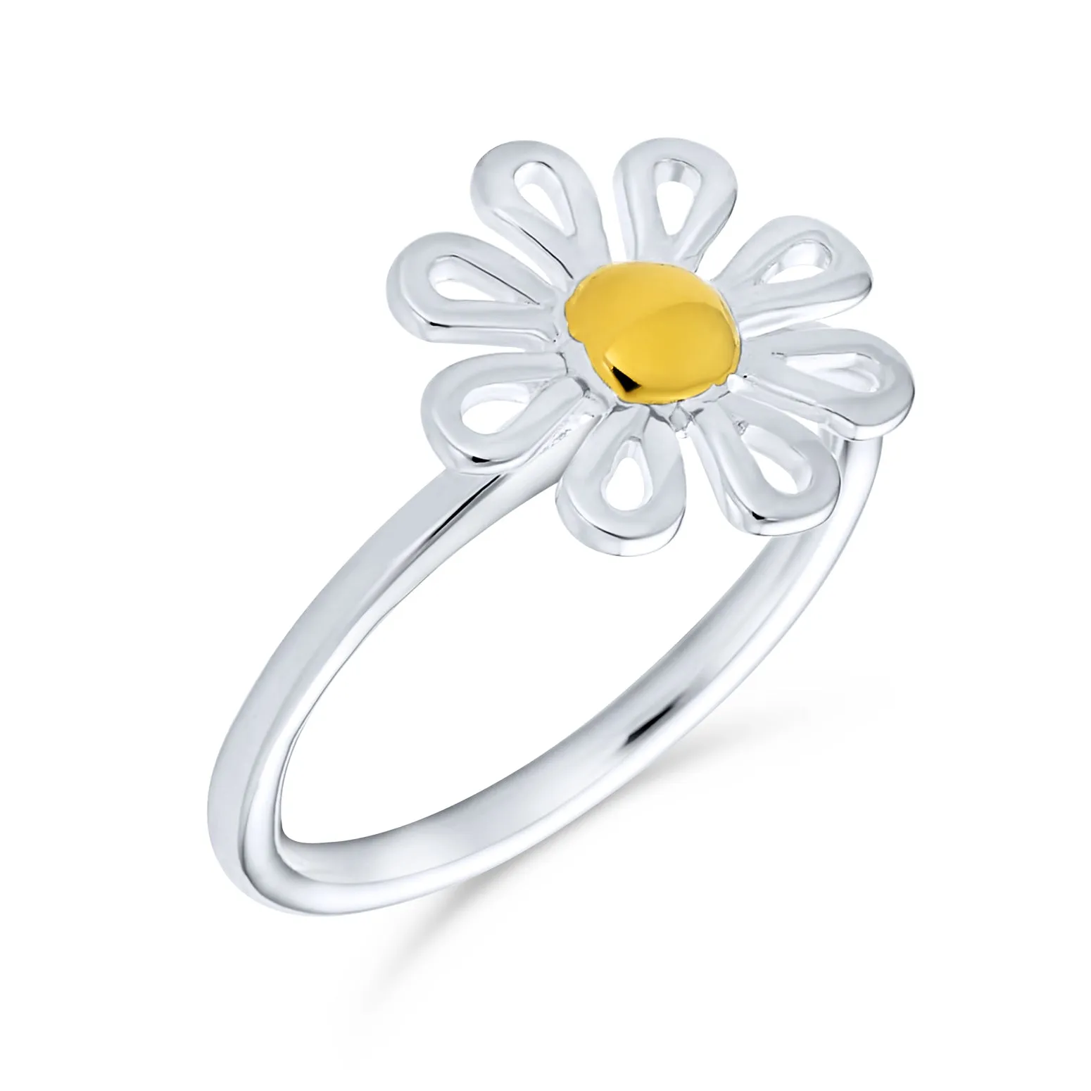 Delicate Two Tone Flower Silver Ring Thin Band 14K Gold Plated Sterling Silver