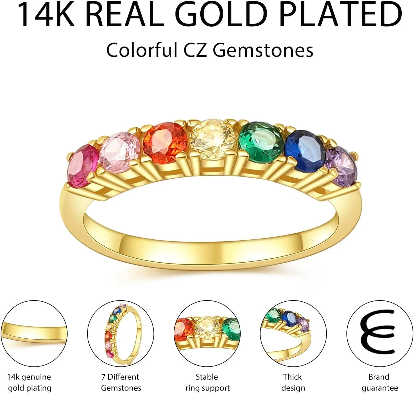 E Gold Rings for Women, 14K Rainbow Band Rings Eternity Thumb Rings Wedding Round Cubic Zirconia CZ Rings Dainty Colorful Rings for Her
