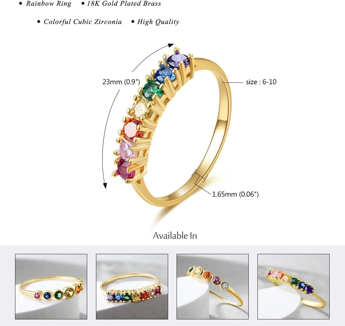 E Gold Rings for Women, 14K Rainbow Band Rings Eternity Thumb Rings Wedding Round Cubic Zirconia CZ Rings Dainty Colorful Rings for Her