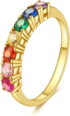 E Gold Rings for Women, 14K Rainbow Band Rings Eternity Thumb Rings Wedding Round Cubic Zirconia CZ Rings Dainty Colorful Rings for Her