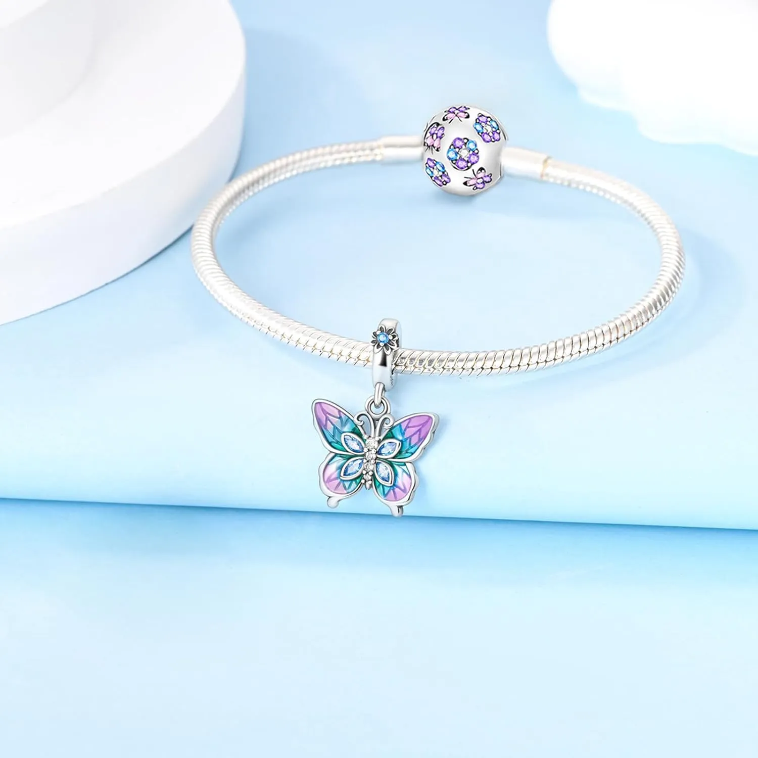 Hapour Butterfly Dangle Charm Bracelet Charm, Pendants Beads Charms for Necklaces Women Jewelry Gift Made of Sterling Silver, Cubic Zirconia & Enamel