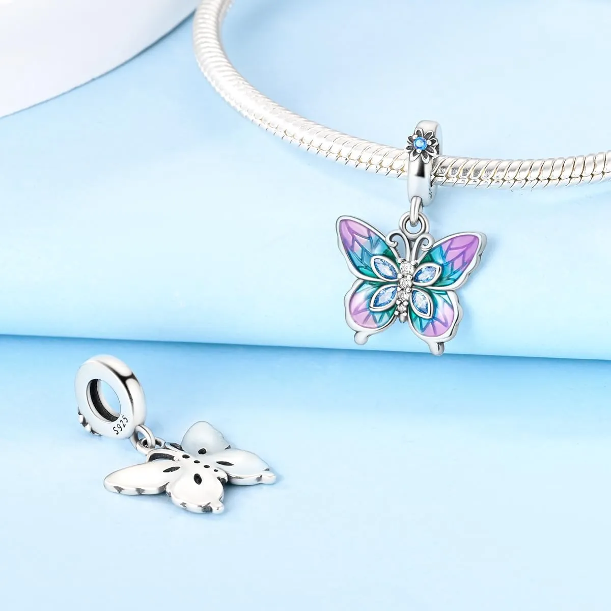 Hapour Butterfly Dangle Charm Bracelet Charm, Pendants Beads Charms for Necklaces Women Jewelry Gift Made of Sterling Silver, Cubic Zirconia & Enamel