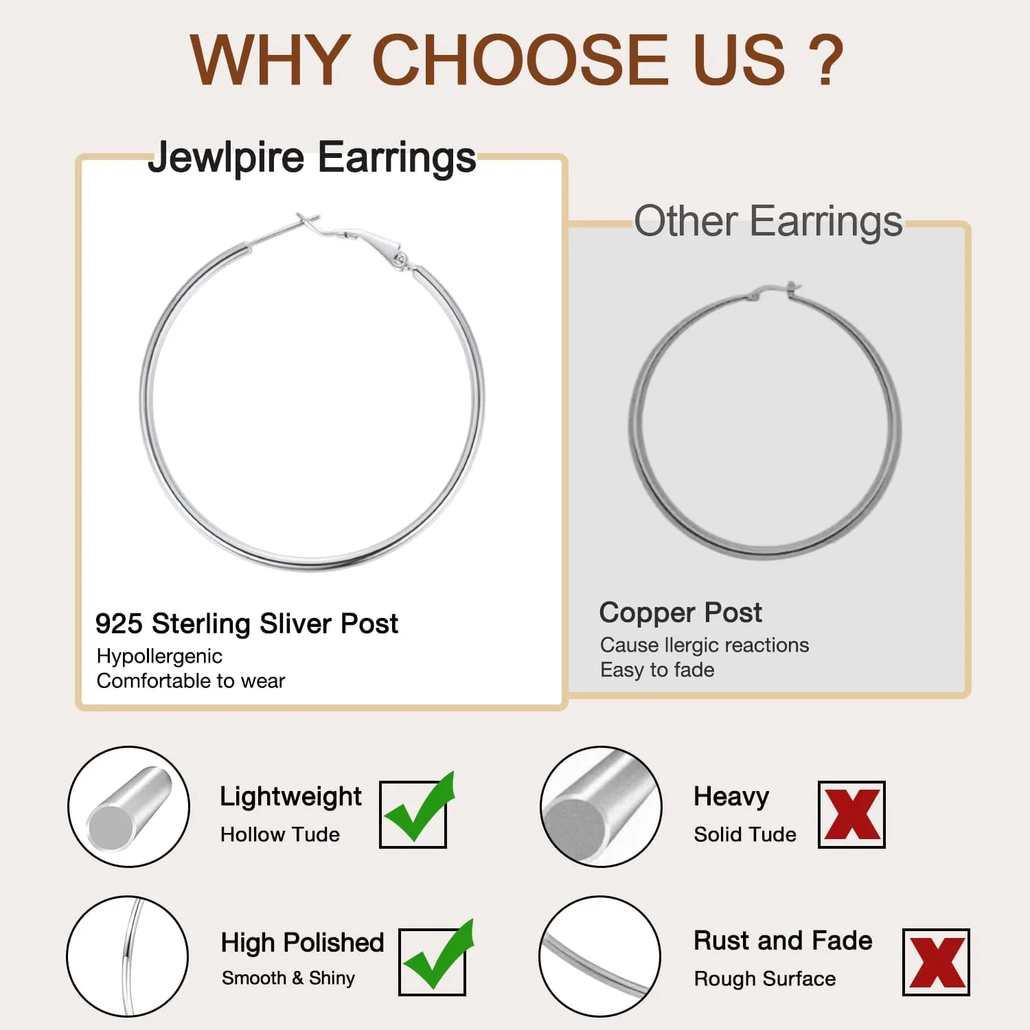 Jewlpire 14K Gold Plated 925 Sterling Sliver Post Hoop Earrings, 2MM Thick Hoop earrings Lightweight Large Gold Hoop Earrings for Women Trendy 20/30/40/50/60/70mm