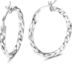 Milacolato 925 Sterling Silver Hoop Earrings for Women 18K White Gold Plated Twisted Hoop Earrings Hypoallergenic Lightweight Click-Top Big Hoop Earrings 13/15/20/25/30/40/50/60mm