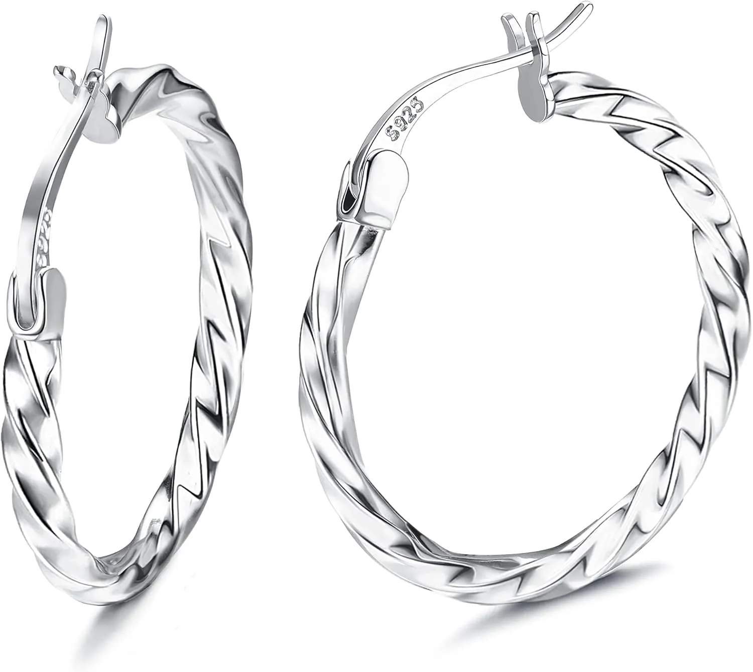 Milacolato 925 Sterling Silver Hoop Earrings for Women 18K White Gold Plated Twisted Hoop Earrings Hypoallergenic Lightweight Click-Top Big Hoop Earrings 13/15/20/25/30/40/50/60mm