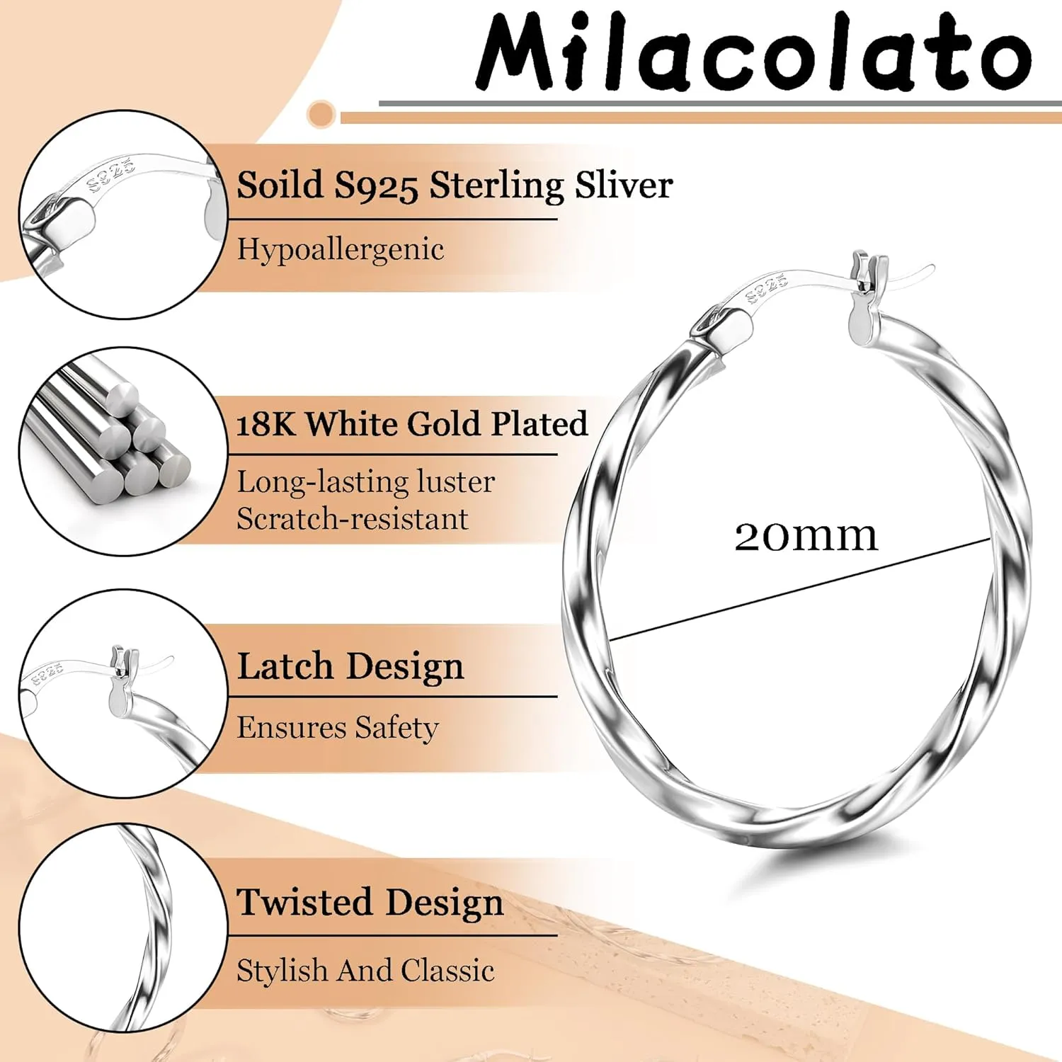 Milacolato 925 Sterling Silver Hoop Earrings for Women 18K White Gold Plated Twisted Hoop Earrings Hypoallergenic Lightweight Click-Top Big Hoop Earrings 13/15/20/25/30/40/50/60mm