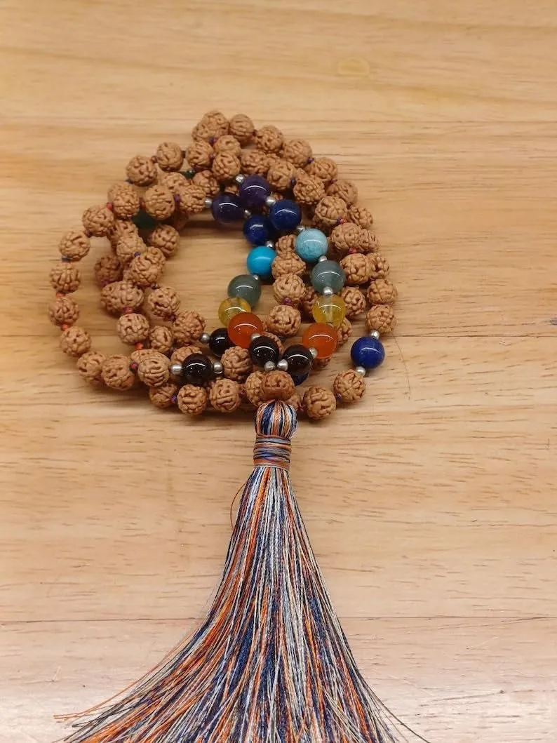 Natural 7 Chakra with rudraksha 8mm 108 Mala Beads, Spiritual, Meditation Beads, Reiki, Japa Mala, Buddhist Prayer Beads, Yoga Bracelet, healing beads LKMALA-RRGU-3395