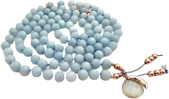 Natural Aquamarine, moonstone 6mm 108 Mala Beads, Spiritual, Meditation Beads, Reiki, Japa Mala, Buddhist Prayer Beads, Yoga Bracelet, healing beads LKMALA-RRGU-2196, 34 inch, blue