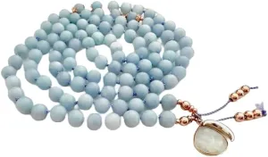 Natural Aquamarine, moonstone 6mm 108 Mala Beads, Spiritual, Meditation Beads, Reiki, Japa Mala, Buddhist Prayer Beads, Yoga Bracelet, healing beads LKMALA-RRGU-2196, 34 inch, blue
