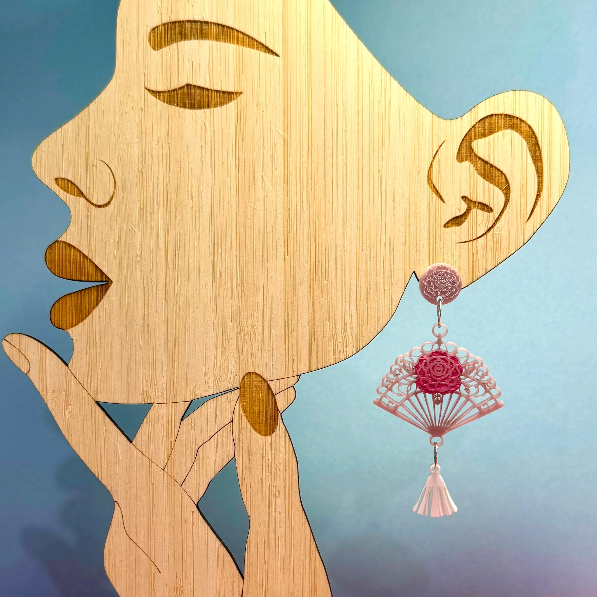 Pink rose fan -🪭 Dangle earrings