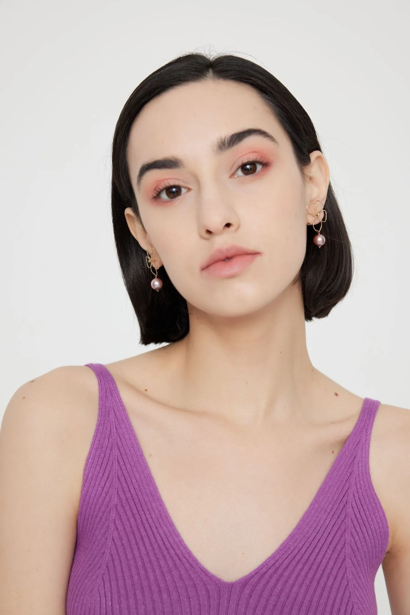Purple Fairy Series Five-leaf Flower Pearl Drop Earrings