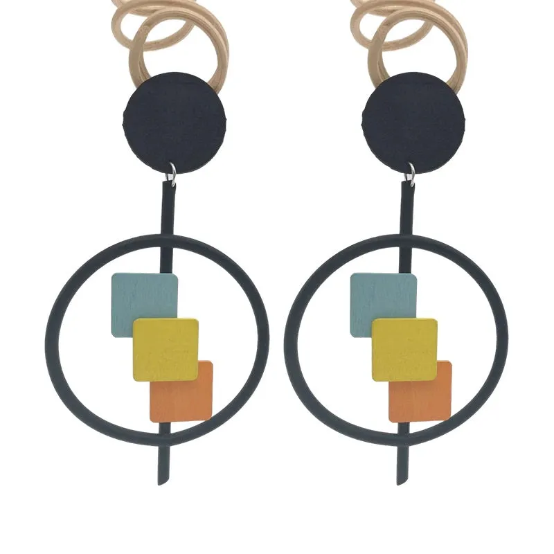 Recycled Rubber/Silicone Round Drop Earrings with Geometric Wooden Accents