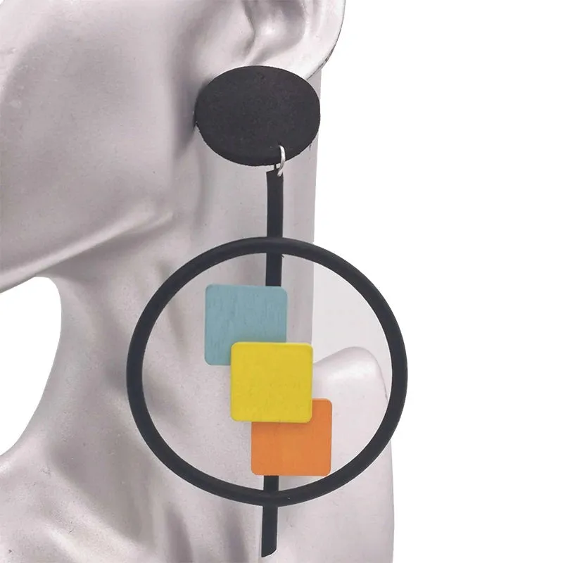Recycled Rubber/Silicone Round Drop Earrings with Geometric Wooden Accents