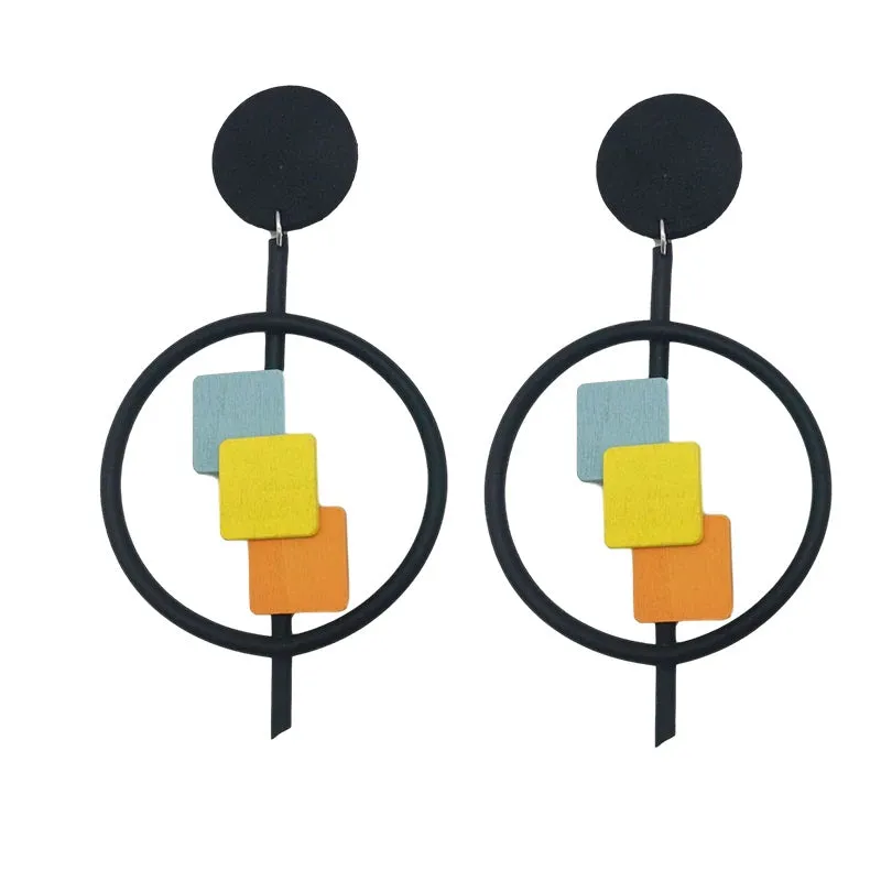 Recycled Rubber/Silicone Round Drop Earrings with Geometric Wooden Accents