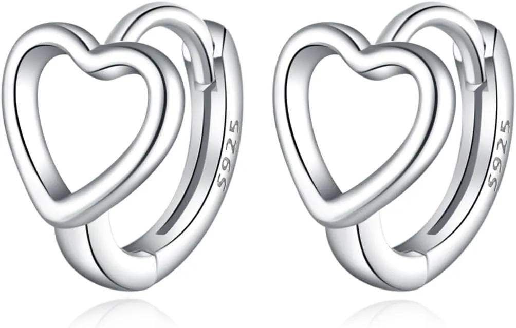 Reffeer Solid 925 Sterling Silver Love Heart Hoop Earrings Huggie for Women Teens Heart Hoop Earrings Love Huggie