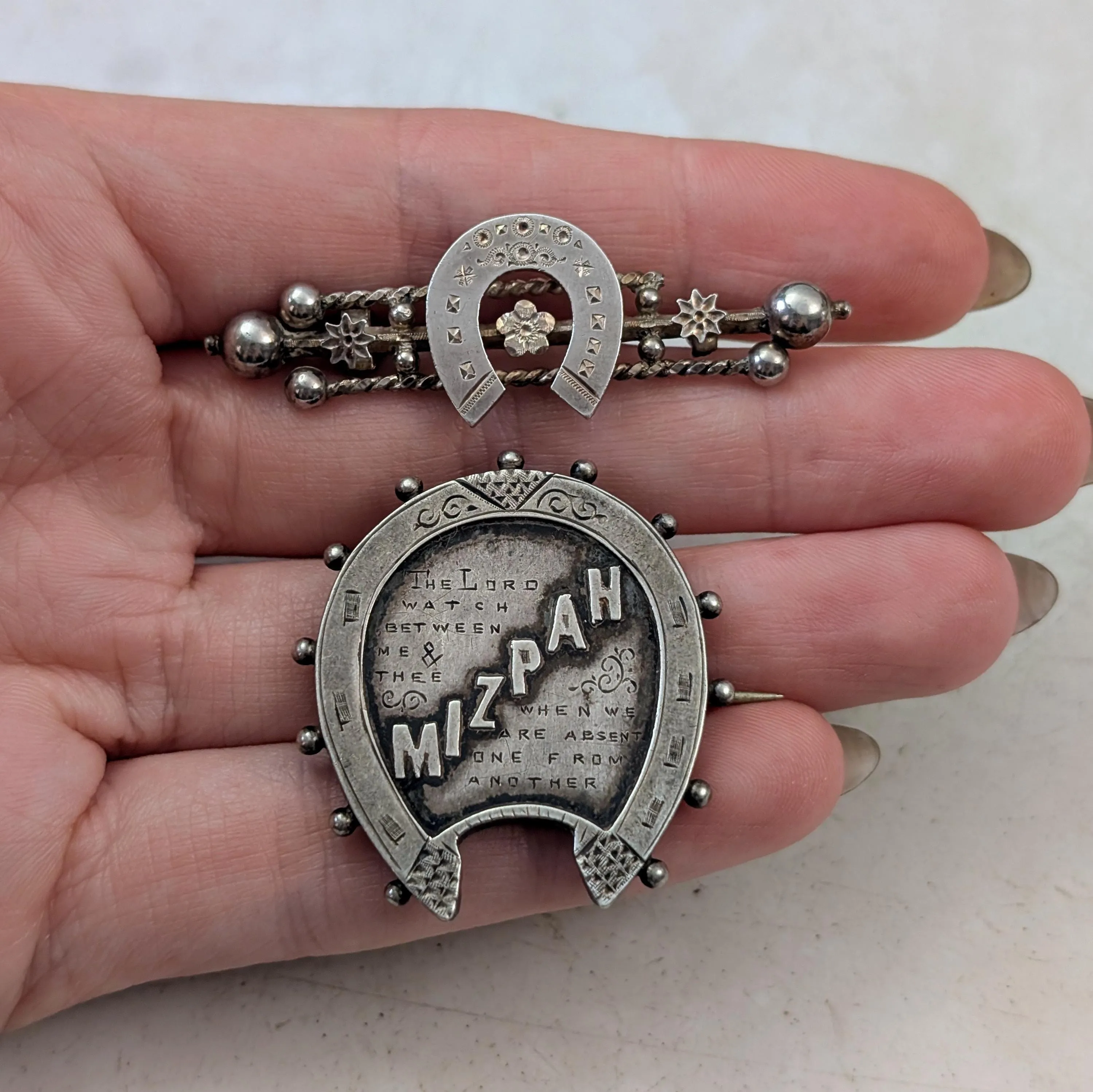 Set of Victorian Sterling Silver Brooches - Mizpah & Lucky Horseshoe Sweetheart Brooches