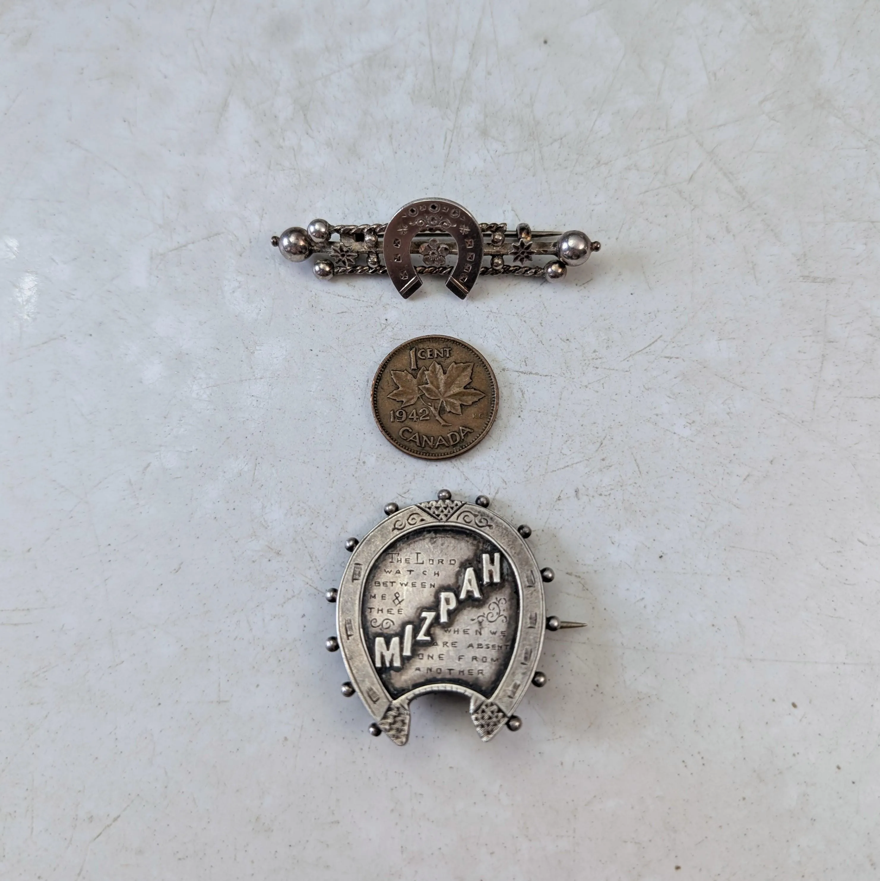 Set of Victorian Sterling Silver Brooches - Mizpah & Lucky Horseshoe Sweetheart Brooches