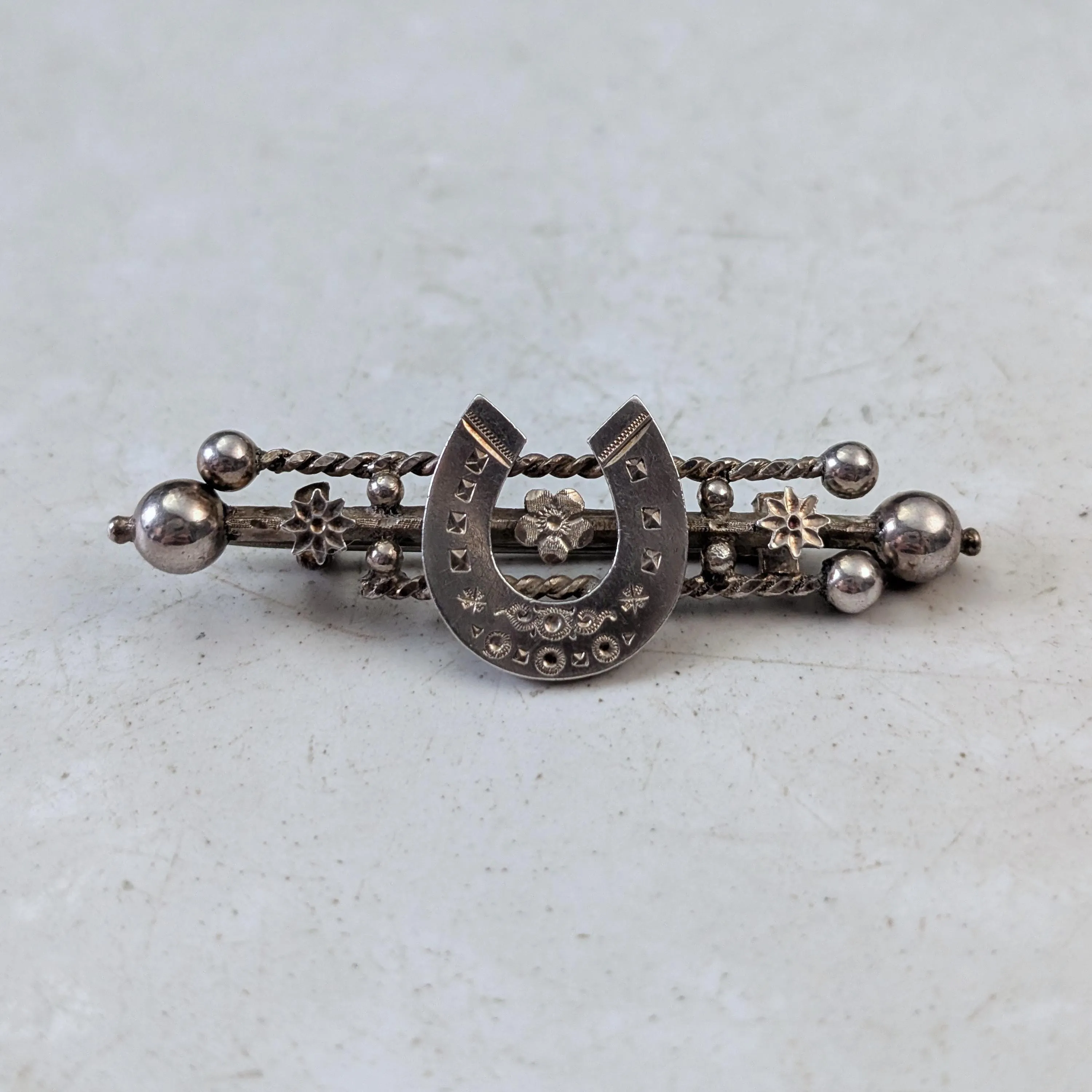 Set of Victorian Sterling Silver Brooches - Mizpah & Lucky Horseshoe Sweetheart Brooches