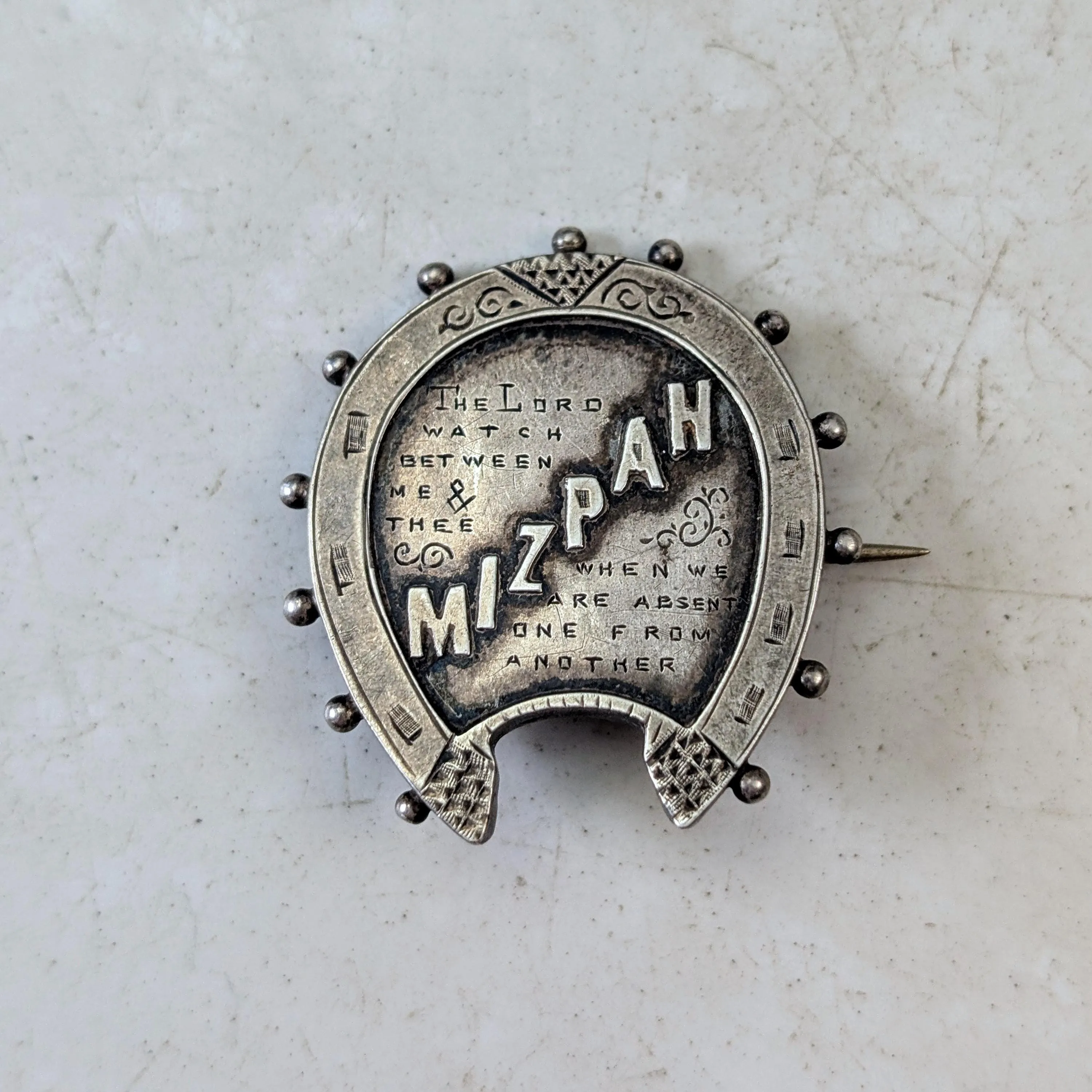 Set of Victorian Sterling Silver Brooches - Mizpah & Lucky Horseshoe Sweetheart Brooches