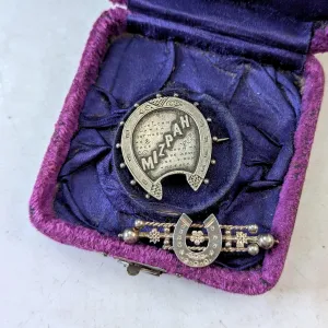 Set of Victorian Sterling Silver Brooches - Mizpah & Lucky Horseshoe Sweetheart Brooches