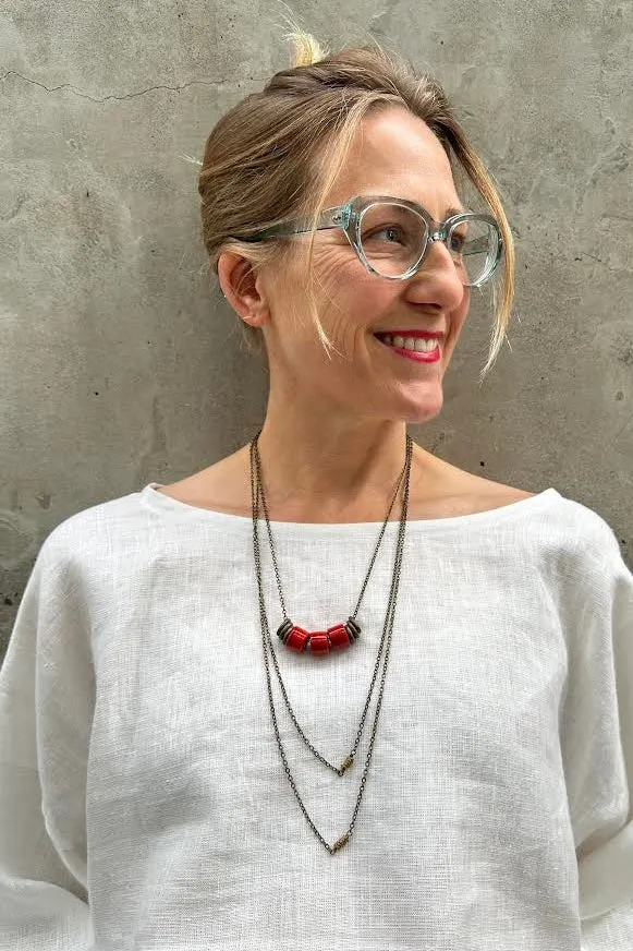 Shape Shifter Necklace - Brass and Brillant Red Tibetan Glass