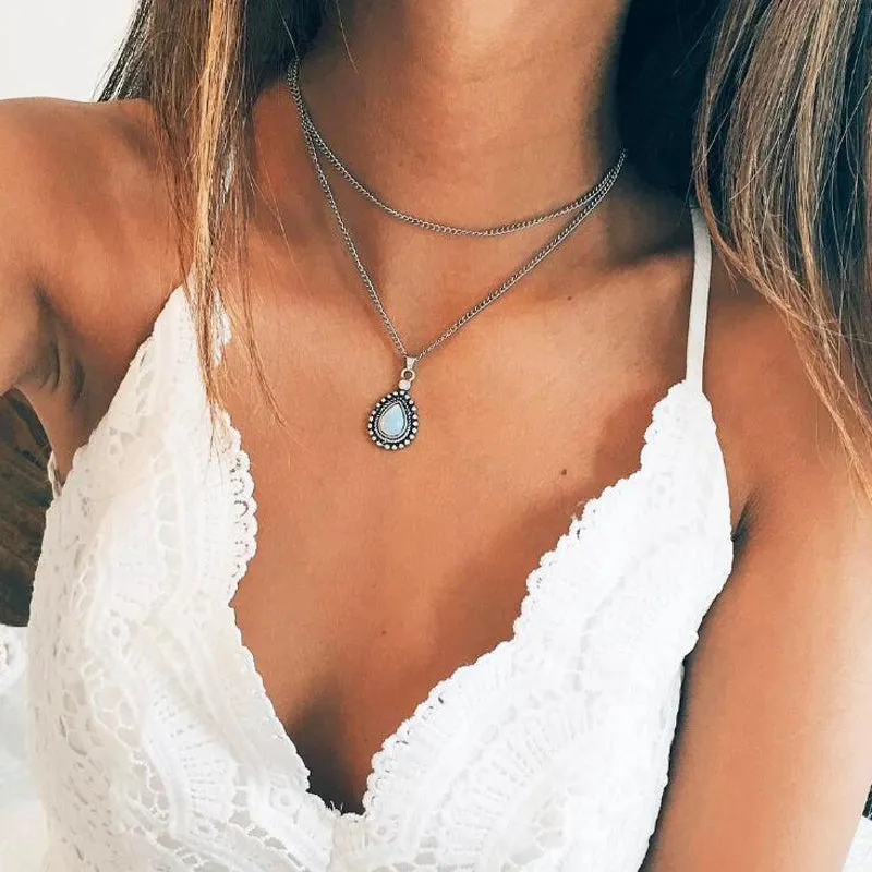 Tocona Bohemian Water Drop Crystal Charm Chokers Necklaces for Women Silver Alloy Chain Chokers Collar Statement Jewelry 4835