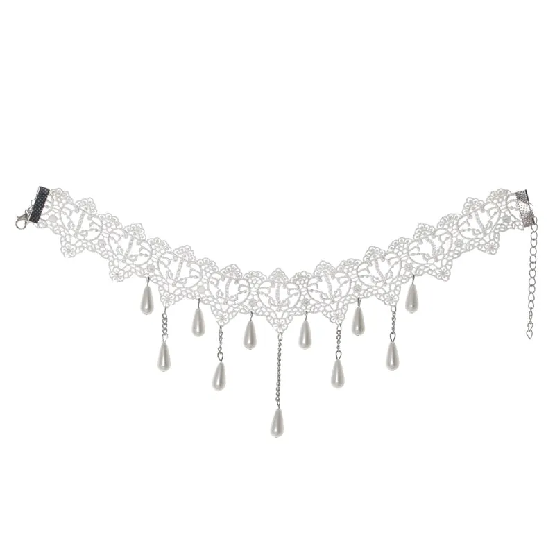White Gothic Silver Plated Choker with Diamond Drops